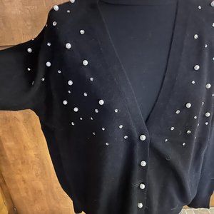 Charter Club NWT 2-ply Black Cashmere Cardigan w/Pearls and Rhinestones